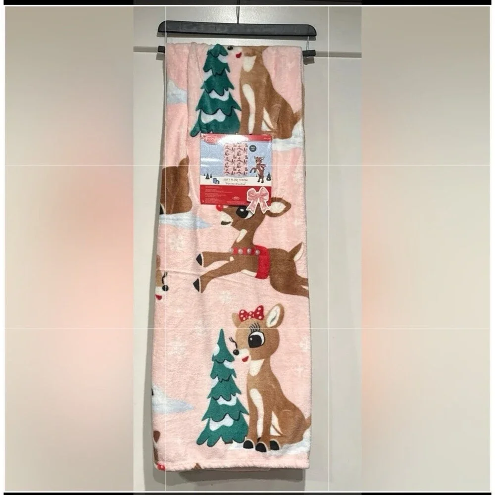 NEW PINK Christmas Rudolph the Red-Nosed Reindeer Blanket
